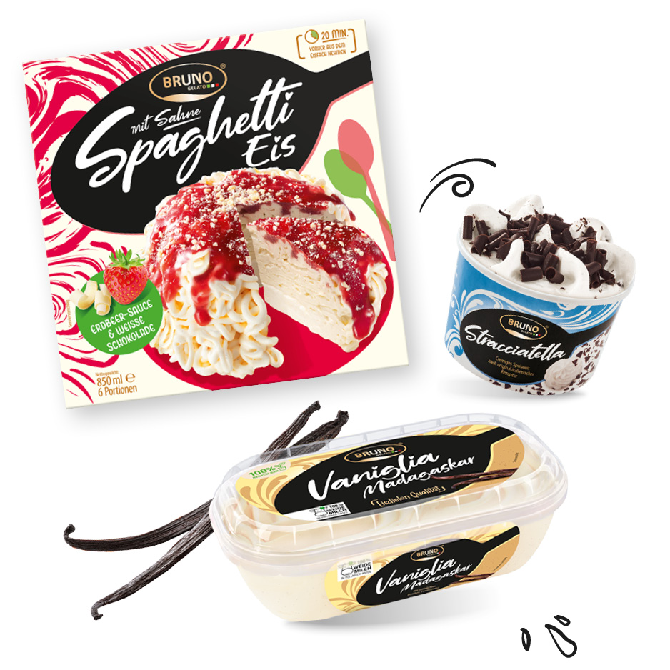 Bruno Gelato Eiskompilation aus Spaghettieis Torte, Stracciatella Cup und Vaniglia Schale